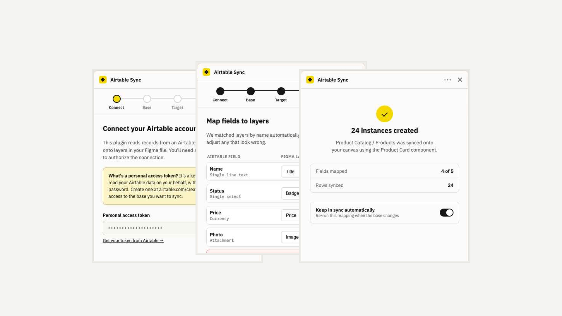 Three screens from the Airtable Sync Figma plugin, overlapping: connecting an account, mapping fields to layers, and the completed sync.